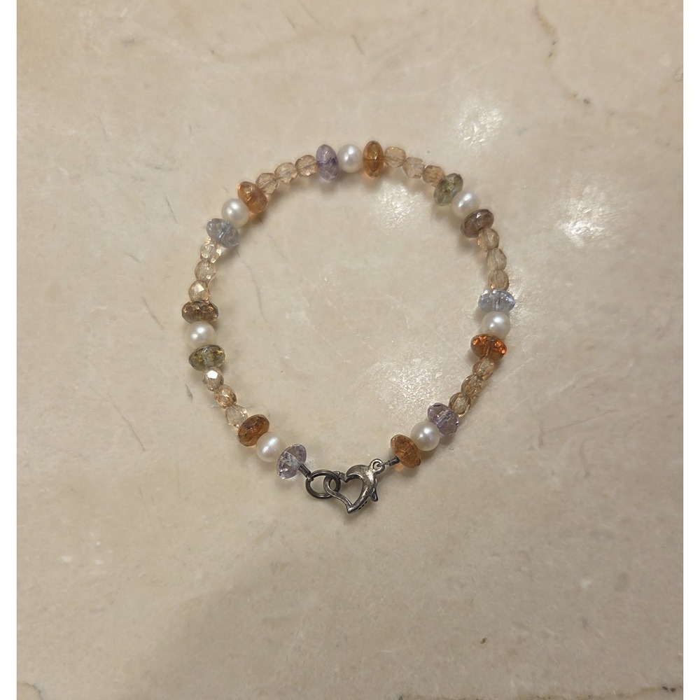 Charming Pearl, Bead, & Sterling Silver Bracelet Unique Heart Clasp 7.25" 925